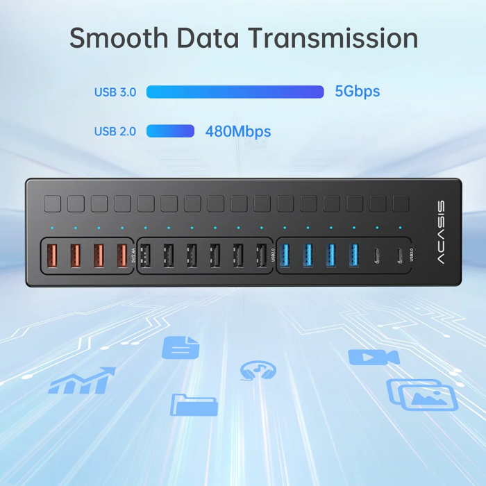 Acasis DS516PB - 16 Port 5Gbps USB-A 3.0, USB 2.0, Type-C 3.0, Akıllı Şarj Portu, Alüminyum Kasa, 60W Güç Adaptörlü, LED Işıklı, USB / Type-C Çoklayıcı , Akıllı Şarj HUB 