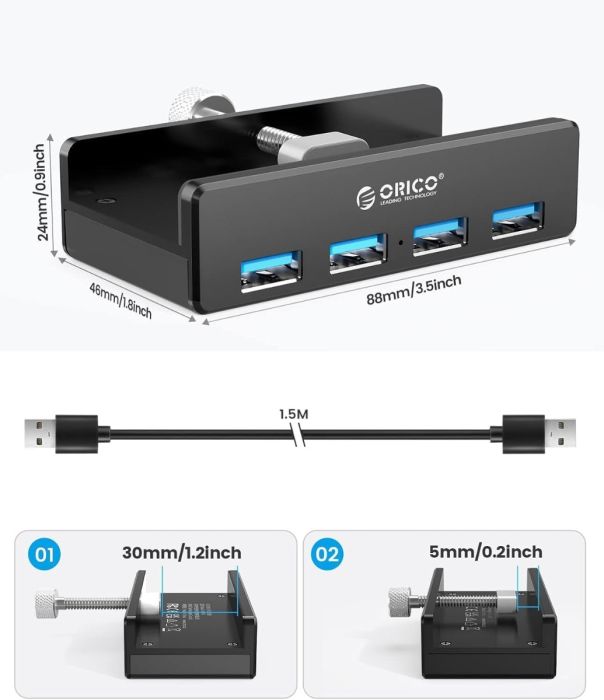 Orico MH4PU-P 4x USB 3.0, Güç Girişli, Alüminyum, Masa ve Monitör Ayarlı, Kolay Kullanım USB HUB - Siyah