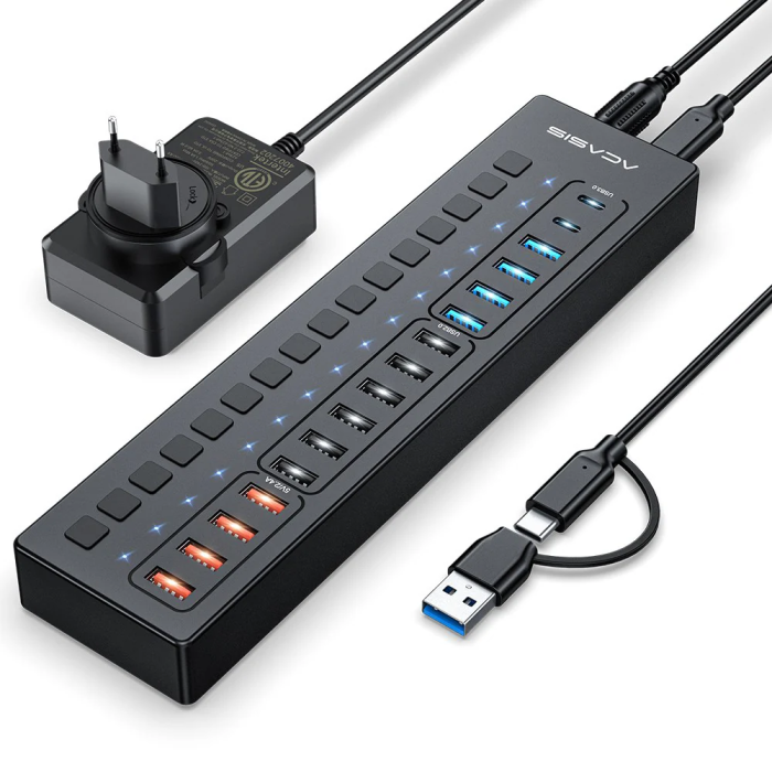 Acasis DS516PB - 16 Port 5Gbps USB-A 3.0, USB 2.0, Type-C 3.0, Akıllı Şarj Portu, Alüminyum Kasa, 60W Güç Adaptörlü, LED Işıklı, USB / Type-C Çoklayıcı , Akıllı Şarj HUB 