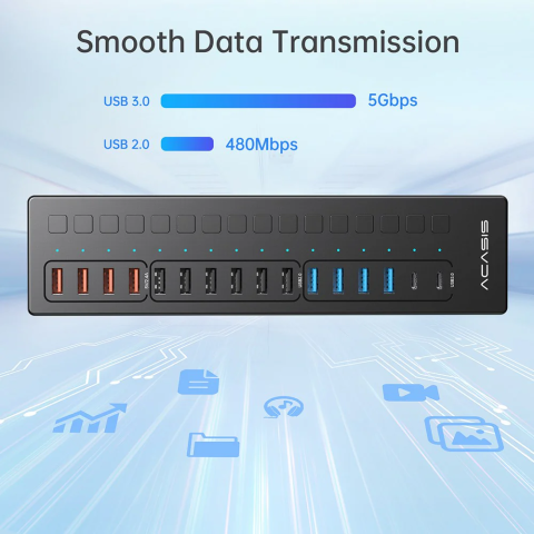 Acasis DS516PB - 16 Port 5Gbps USB-A 3.0, USB 2.0, Type-C 3.0, Akıllı Şarj Portu, Alüminyum Kasa, 60W Güç Adaptörlü, LED Işıklı, USB / Type-C Çoklayıcı , Akıllı Şarj HUB 