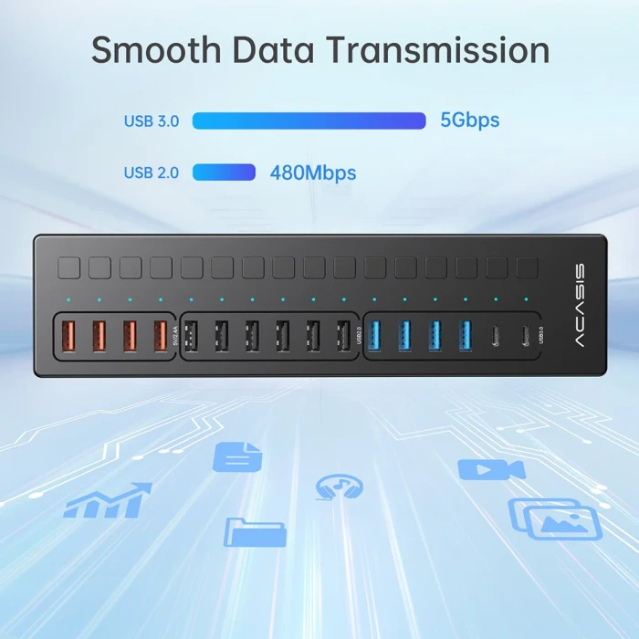 Acasis DS516PB - 16 Port 5Gbps USB-A 3.0, USB 2.0, Type-C 3.0, Akıllı Şarj Portu, Alüminyum Kasa, 60W Güç Adaptörlü, LED Işıklı, USB / Type-C Çoklayıcı , Akıllı Şarj HUB 