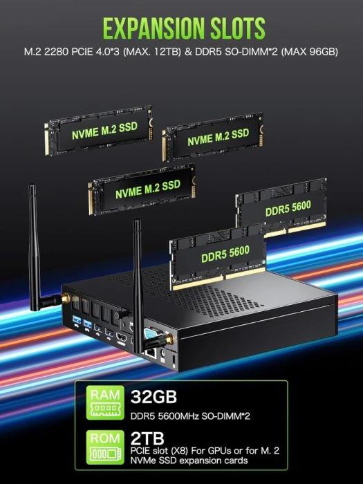 GMKtec K10 Intel i9 13900HK İşlemci, 32GB DDR5 5600Mhz RAM, 1TB M.2 SSD, 2.5G Ethernet, 8x USB, Seri (COM) Port, 4 Ekran Çıkışlı Win 11 PRO Mini PC