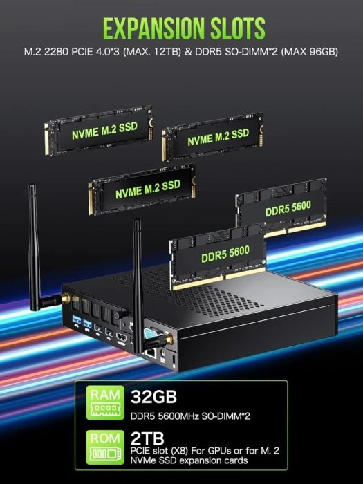 GMKtec K10 Intel i9 13900HK İşlemci, 64GB DDR5 5600Mhz RAM, 1TB M.2 SSD, 2.5G Ethernet, 8x USB, Seri (COM) Port, 4 Ekran Çıkışlı Win 11 PRO Mini PC