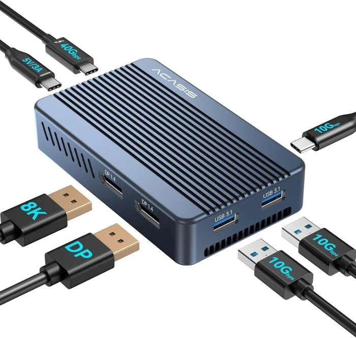 Acasis 40Gbps M.2 NVMe SSD, Thunderbolt 3/4, 2xDP 1.4, 2xUSB 3.1, Vidasız Montaj, Fanlı Type-C HUB