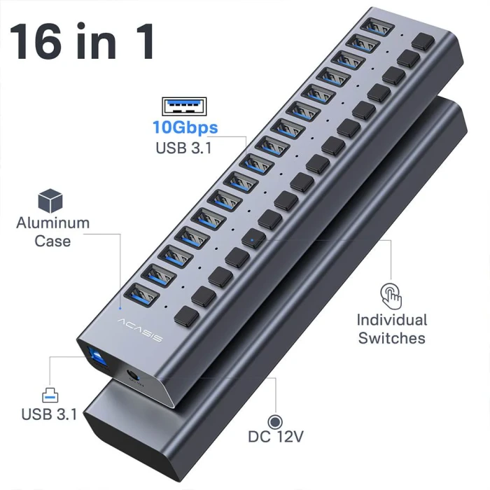 Acasis HS716 - 16 Port 10 Gbps USB 3.1, On/Off Port Özellikli, Alüminyum Kasa, 96W Güç Adaptörlü, LED Işıklı, USB Çoklayıcı HUB