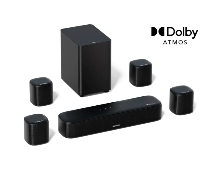 ULTIMEA Aura A60 7.1ch, HDMI eARC, Dolby Atmos Özellikli 4 Surround Hoparlörlü TV için Surround Ses Sistemi, Uygulama Kontrollü Smart TV için Sound Bar, Ev Sineması için Subwoofer'lı Soundbar (U2621)
