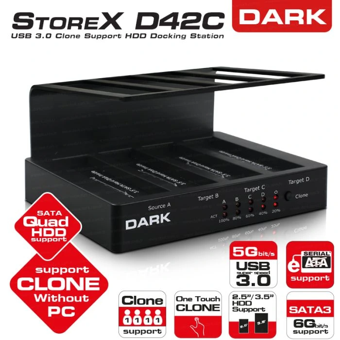 Dark StoreX D42C Dörtlü 3.5"/2.5" Offline Klonlama Özellikli' SATA I/II/III Destekli USB3.0 Disk İstasyonu (DK-AC-DSD42C)
