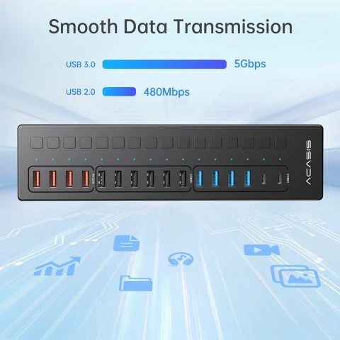 Acasis DS516PB - 16 Port 5Gbps USB-A 3.0, USB 2.0, Type-C 3.0, Akıllı Şarj Portu, Alüminyum Kasa, 60W Güç Adaptörlü, LED Işıklı, USB / Type-C Çoklayıcı , Akıllı Şarj HUB 