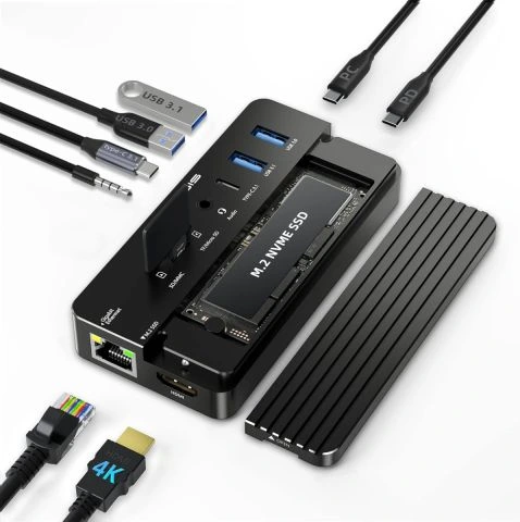 Acasis CM073S 10 in 1 USB-C Dock + SSD Disk Kutusu, 10Gbps, 4K60Hz HDMI, PD 100W, Gigabit Ethernet, AUX+Mic, SD/TF Kart, NVMe&SATA, Windows/Mac OS Uyumlu Vidasız Montaj (CM073S)